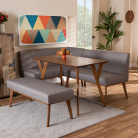 Baxton Studio BBT8054-Grey/Walnut-4PC Dining Nook Set Odessa Mid-Century Modern Grey Fabric Upholstered and Walnut Brown Finished Wood 4-Piece Dining Nook Set